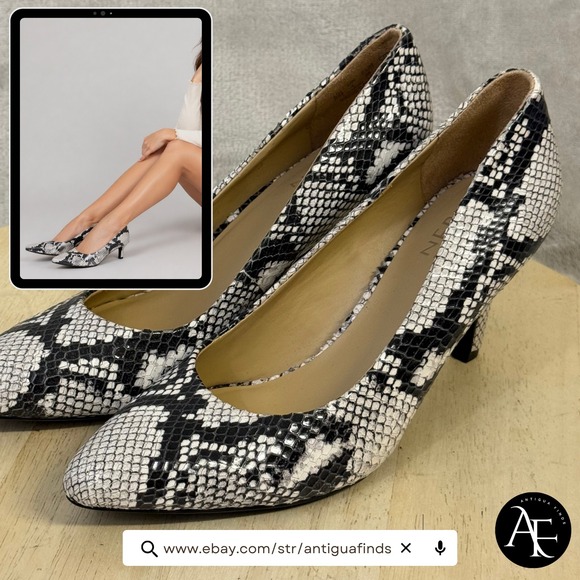 Naturalizer Shoes - Naturalizer Anna Snakeskin Pointed Toe Pumps Black White Leather Heels Size 6M
